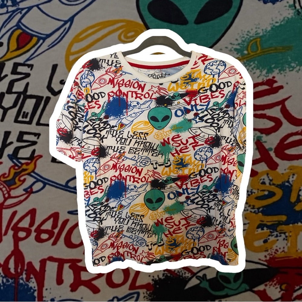 Eighty Eight Brand Alien Graffiti 90s Style Print T-Shirt, Size Small
